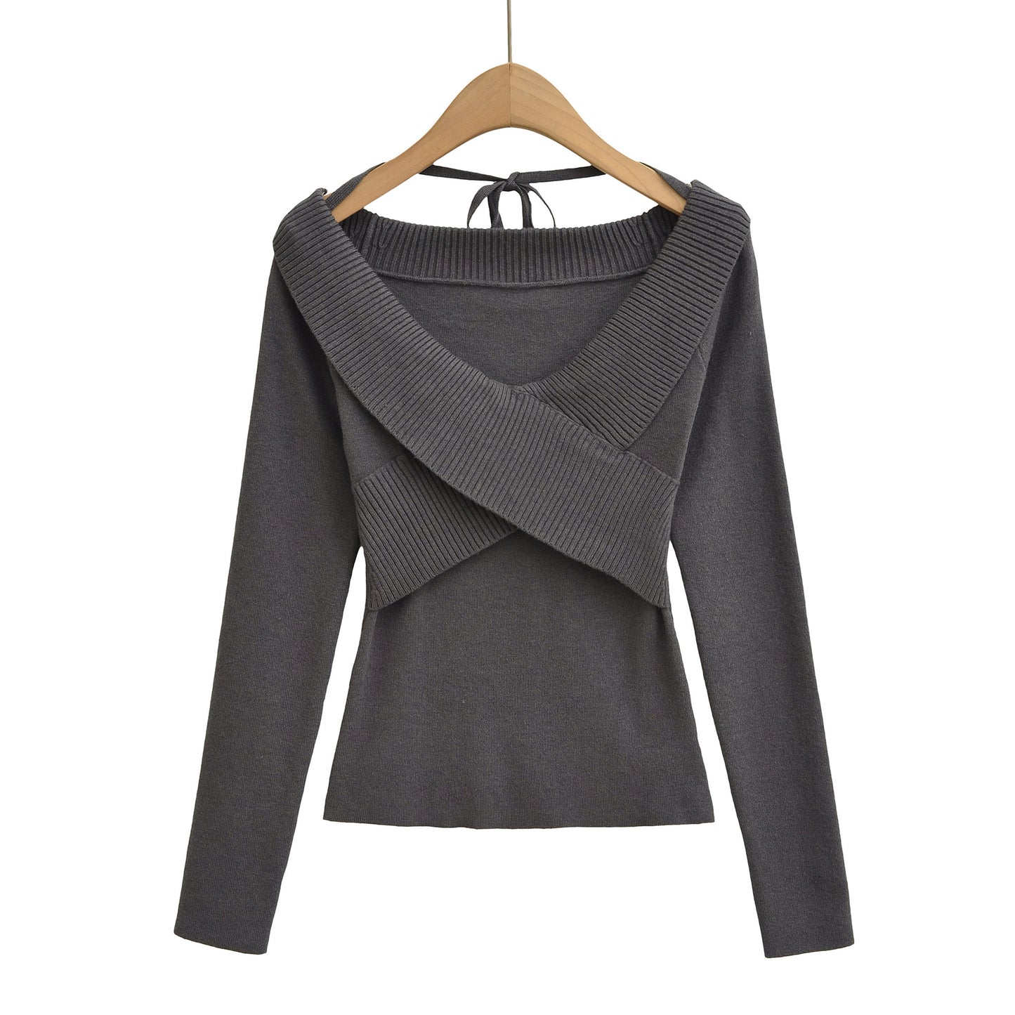 Sexy cross V-tie lead hanging neck long sleeved slim knit sweater
