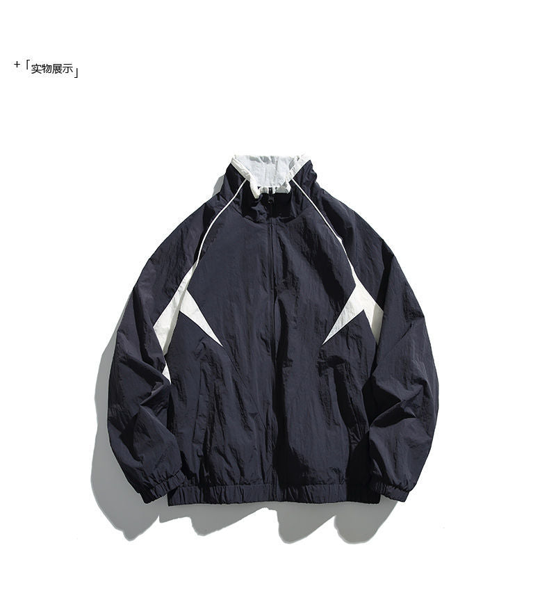 Patch Label Hooded Stand Collar Unisex Jacket