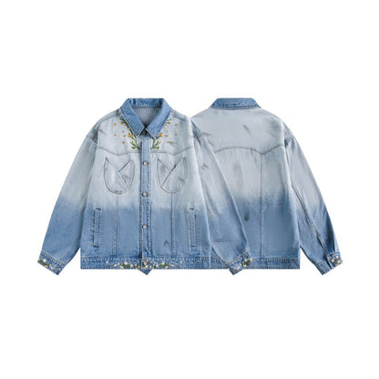 Streetwear Chrysanthemum Embroidery Loose Washed Gradient Denim Jacket for Couples