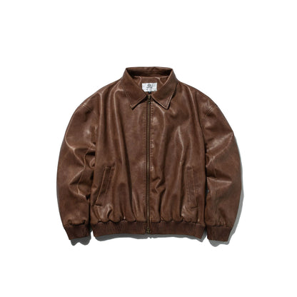 Distressed Loose Casual Turn-down Collar Motorcycle PU Leather Jacket