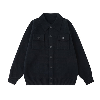 Soft Knit Sweater with Turn-Down Collar Unisex Casual Loose Fit Solid Color Knitted Cardigan