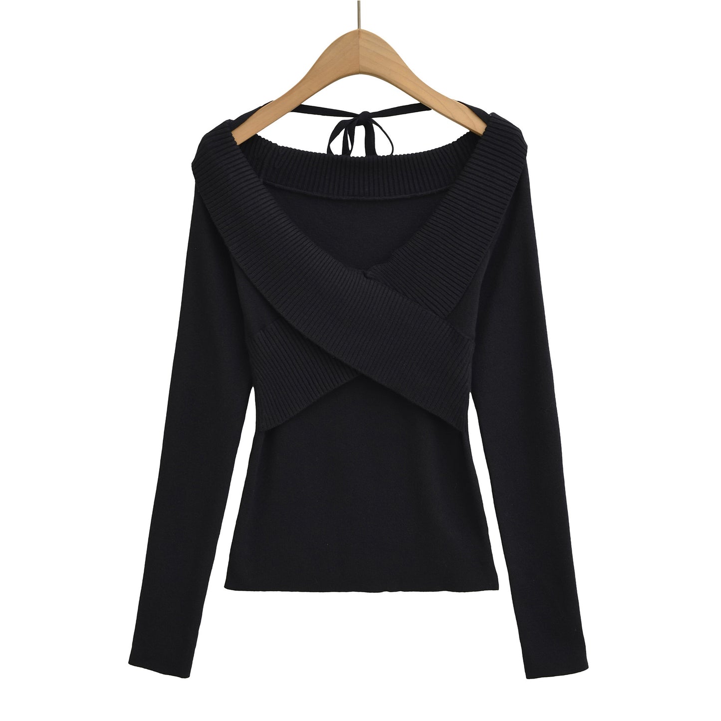 Sexy cross V-tie lead hanging neck long sleeved slim knit sweater