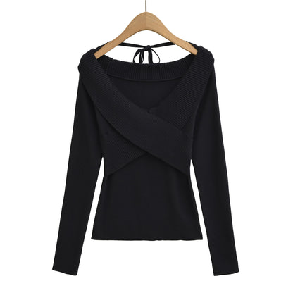 Sexy cross V-tie lead hanging neck long sleeved slim knit sweater