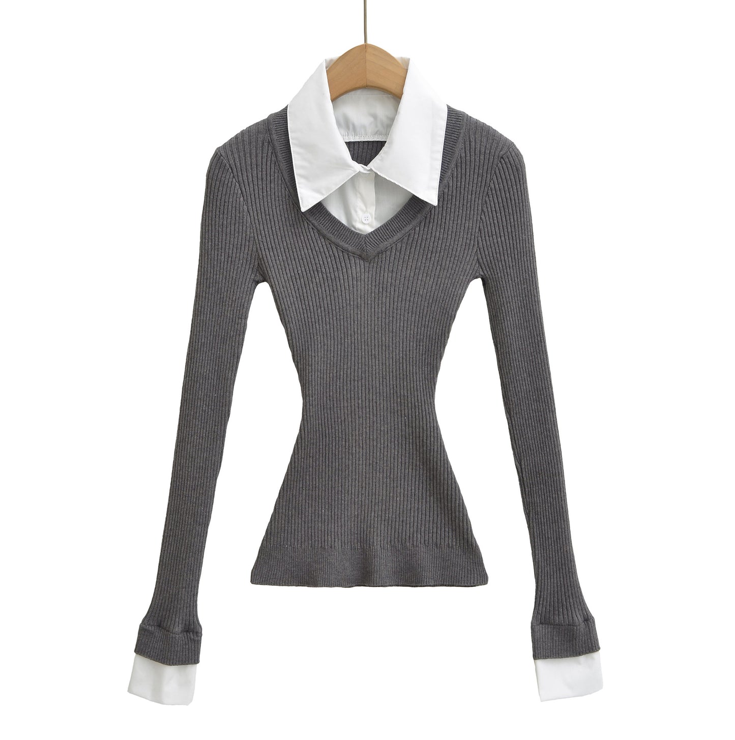 Retro style fake two-piece spliced shirt collar elastic slim fit waist cinching knit sweater