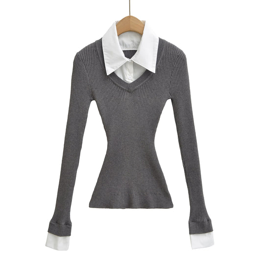 Retro style fake two-piece spliced shirt collar elastic slim fit waist cinching knit sweater
