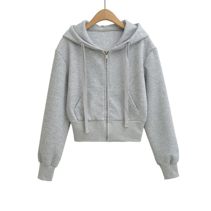 Drawstring hooded zipper long sleeved short casual cardigan women's hoodie