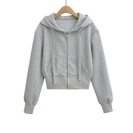 Drawstring hooded zipper long sleeved short casual cardigan women's hoodie