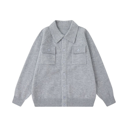 Soft Knit Sweater with Turn-Down Collar Unisex Casual Loose Fit Solid Color Knitted Cardigan
