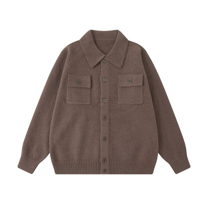 Soft Knit Sweater with Turn-Down Collar Unisex Casual Loose Fit Solid Color Knitted Cardigan