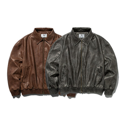 Distressed Loose Casual Turn-down Collar Motorcycle PU Leather Jacket
