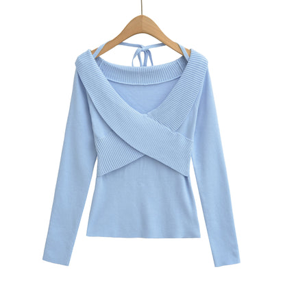 Sexy cross V-tie lead hanging neck long sleeved slim knit sweater