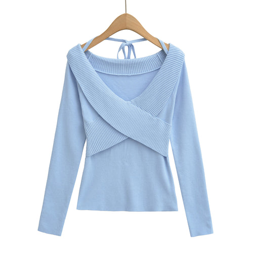 Sexy cross V-tie lead hanging neck long sleeved slim knit sweater