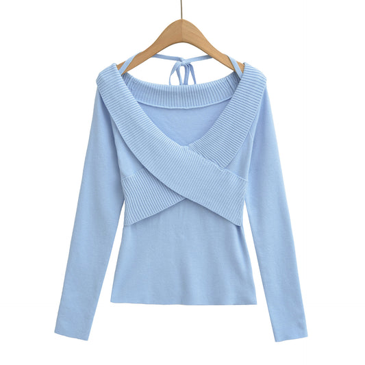 Sexy cross V-tie lead hanging neck long sleeved slim knit sweater