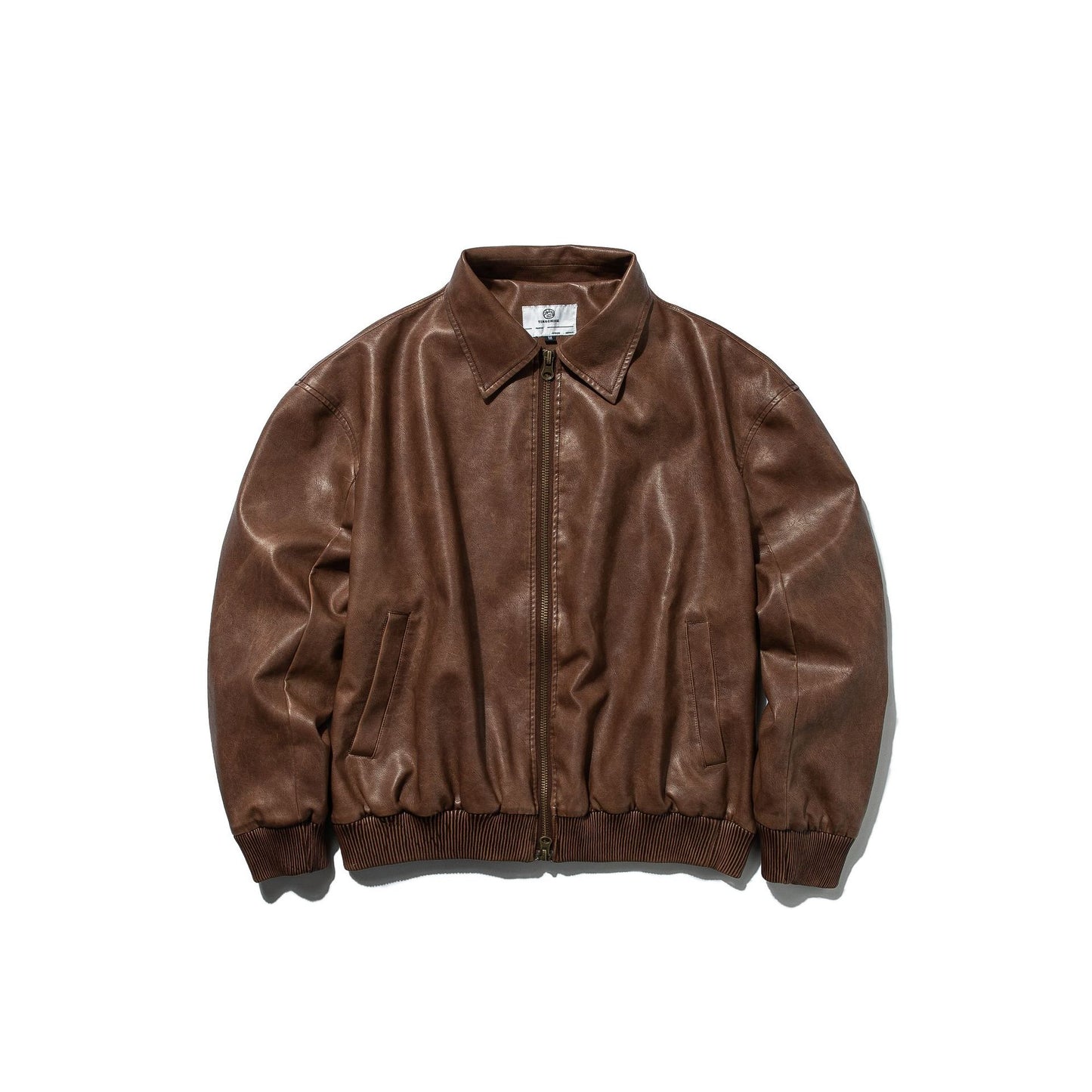 Distressed Loose Casual Turn-down Collar Motorcycle PU Leather Jacket