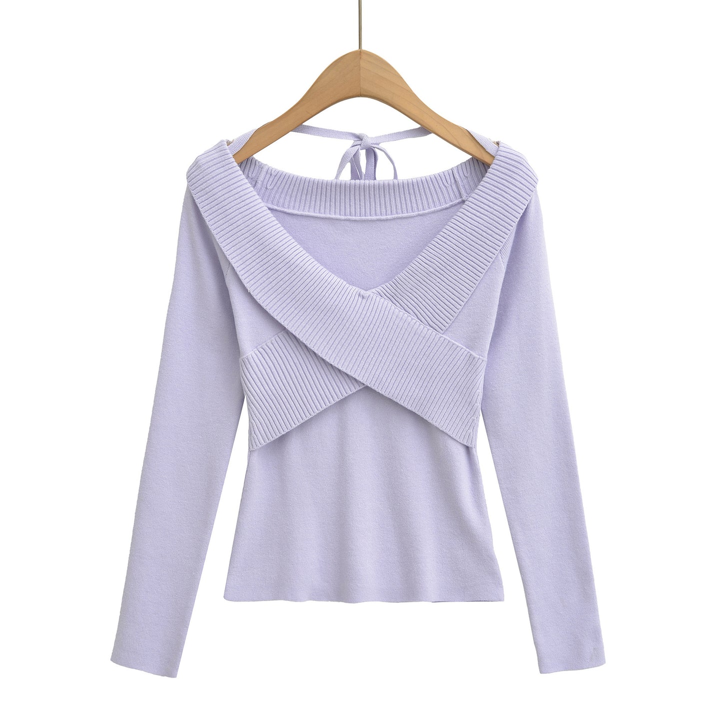 Sexy cross V-tie lead hanging neck long sleeved slim knit sweater