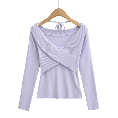 Sexy cross V-tie lead hanging neck long sleeved slim knit sweater