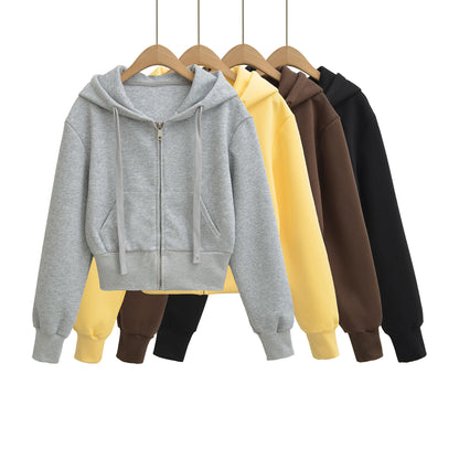 Drawstring hooded zipper long sleeved short casual cardigan women's hoodie