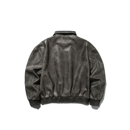 Distressed Loose Casual Turn-down Collar Motorcycle PU Leather Jacket