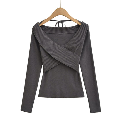Sexy cross V-tie lead hanging neck long sleeved slim knit sweater