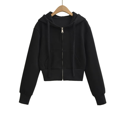 Drawstring hooded zipper long sleeved short casual cardigan women's hoodie