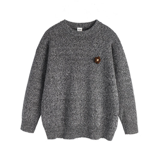 Floral Brooch Design Casual Loose Unisex Crewneck Sweater