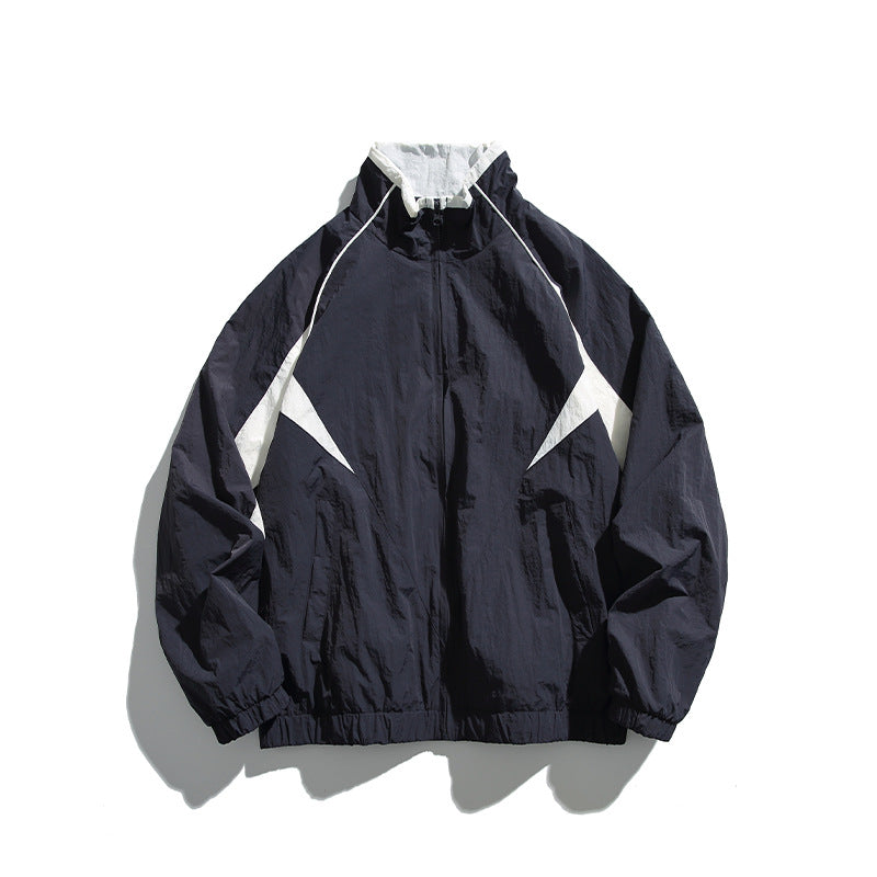 Patch Label Hooded Stand Collar Unisex Jacket