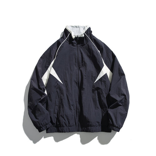 Patch Label Hooded Stand Collar Unisex Jacket