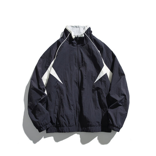 Patch Label Hooded Stand Collar Unisex Jacket