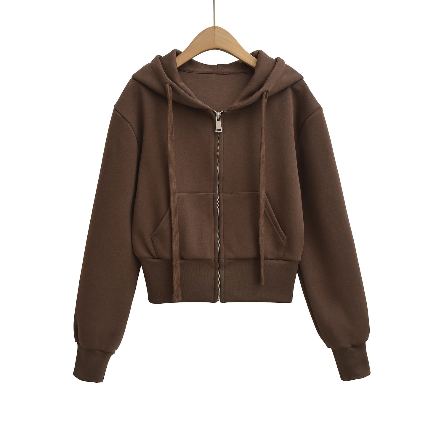 Drawstring hooded zipper long sleeved short casual cardigan women's hoodie