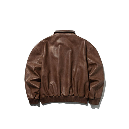 Distressed Loose Casual Turn-down Collar Motorcycle PU Leather Jacket
