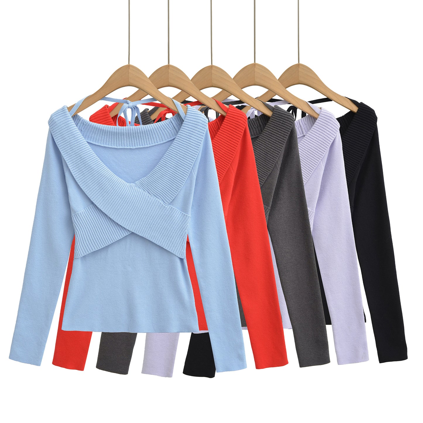 Sexy cross V-tie lead hanging neck long sleeved slim knit sweater