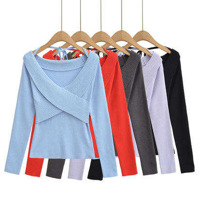 Sexy cross V-tie lead hanging neck long sleeved slim knit sweater
