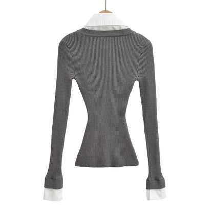 Retro style fake two-piece spliced shirt collar elastic slim fit waist cinching knit sweater