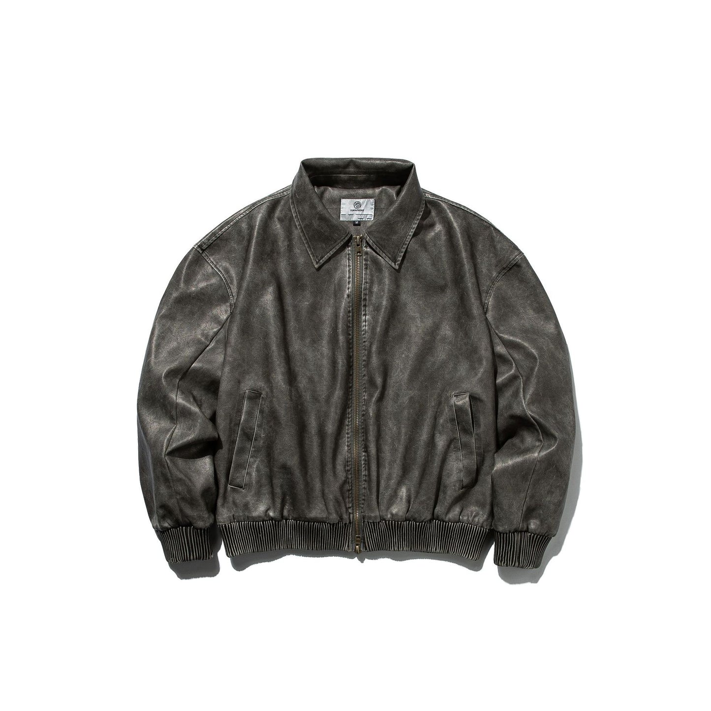 Distressed Loose Casual Turn-down Collar Motorcycle PU Leather Jacket