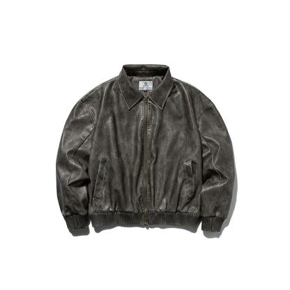 Distressed Loose Casual Turn-down Collar Motorcycle PU Leather Jacket